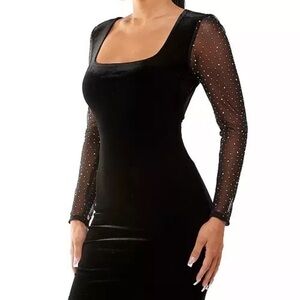 Black Velvet Bodycon Dress with Sheer Long Sleeves with Jewel Embellishments